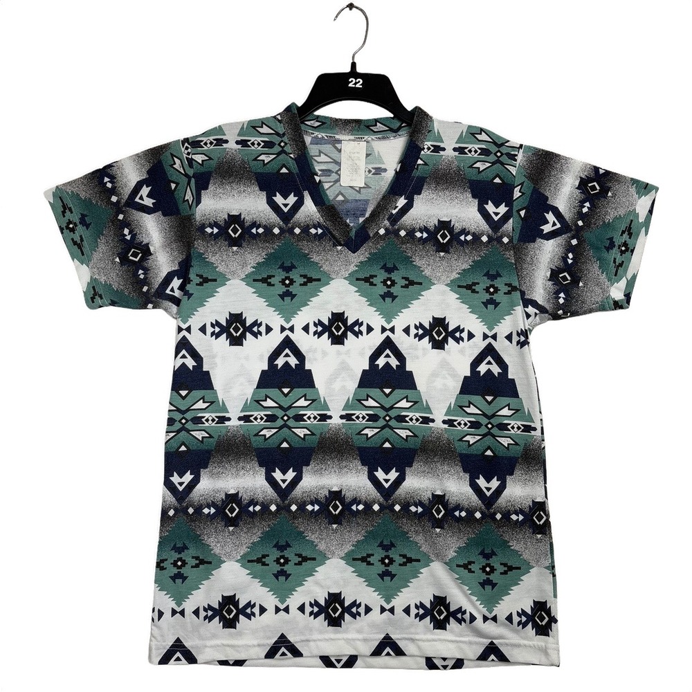 Vintage Southwestern Geometric V-Neck T-Shirt Mens Medium Teal Aztec Excellent‎